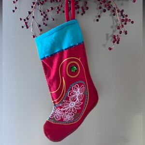Vintage Red Xmas Stocking with paisley & green gem, Blue cuff w/ sequins